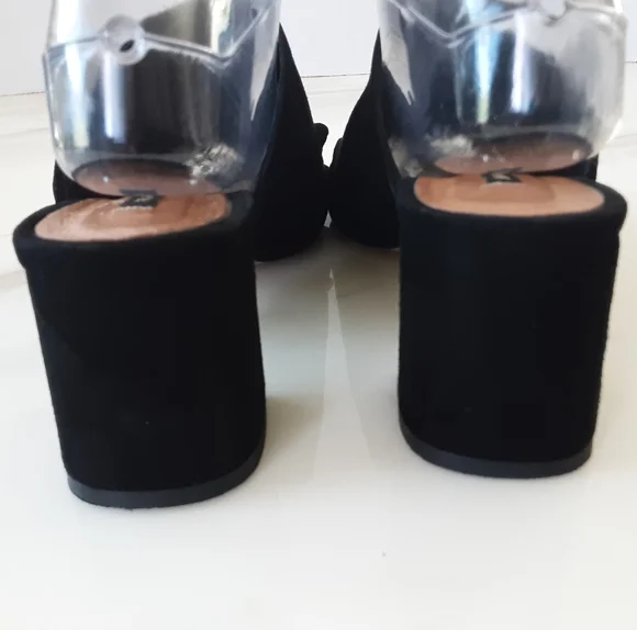 AVA & AIDEN Black Suede Ruffle Block Heel Open Toe Sandal Sz. 9 - Picture 7 of 12